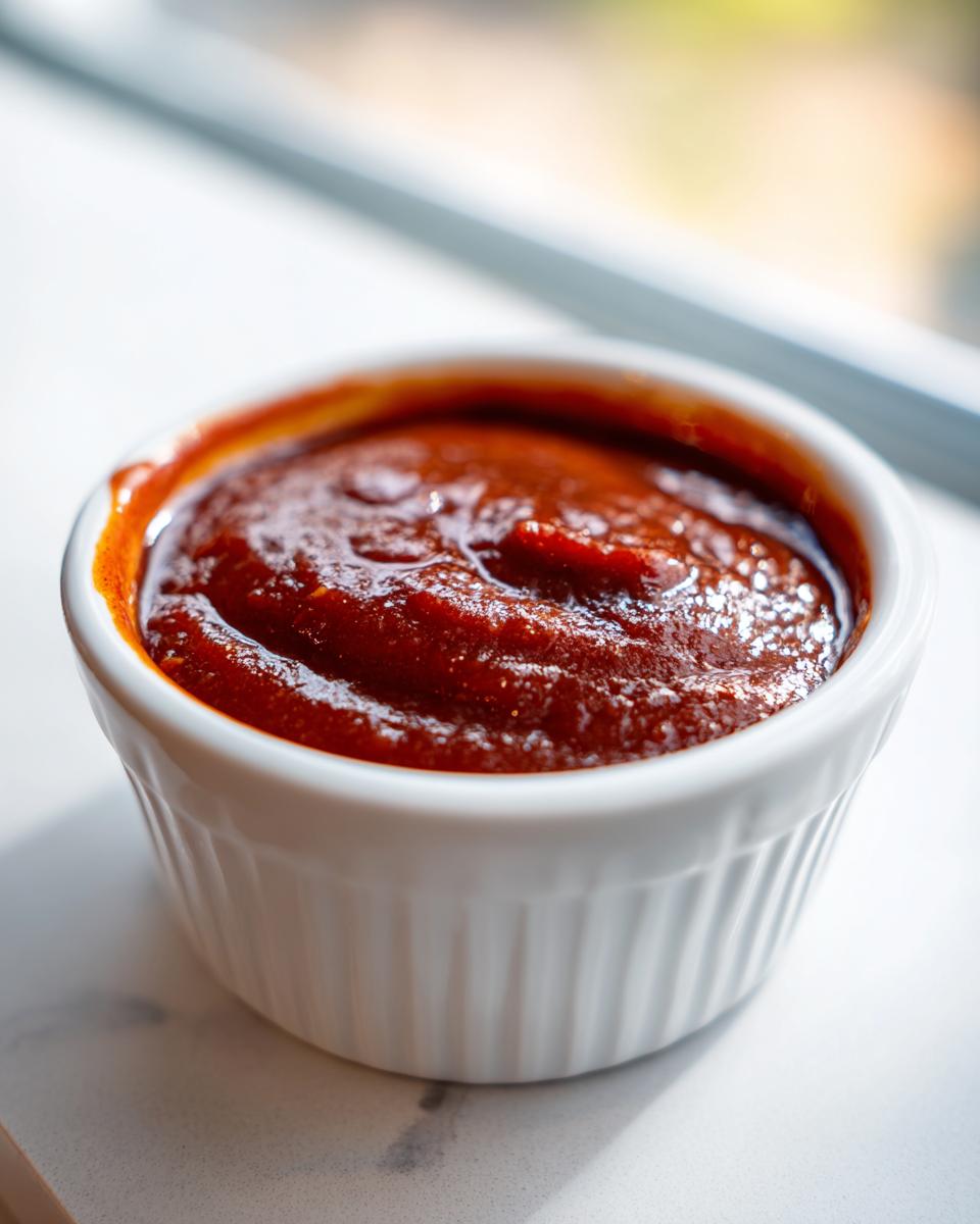 Close-up of thick, rich, dark red homemade bbq sauce served in a small white fluted ramekin.