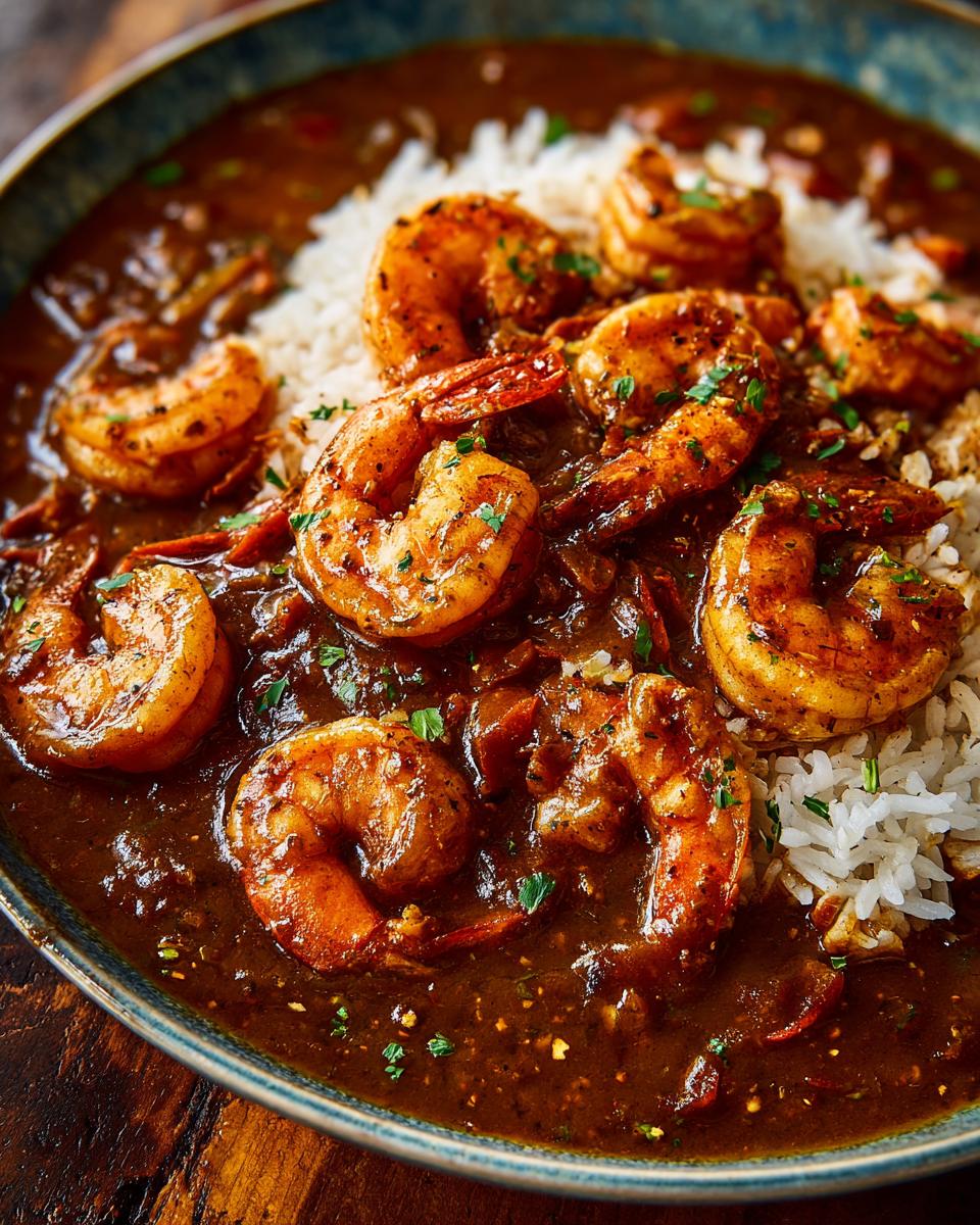 Close-up of a bowl of rich, dark shrimp etouffee served over fluffy white rice, topped with seasoned shrimp.