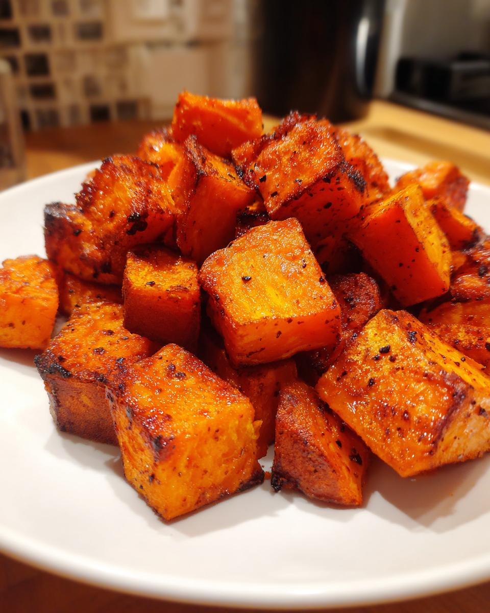 Close-up of perfectly caramelized and seasoned roasted sweet potato cubes piled on a white plate.