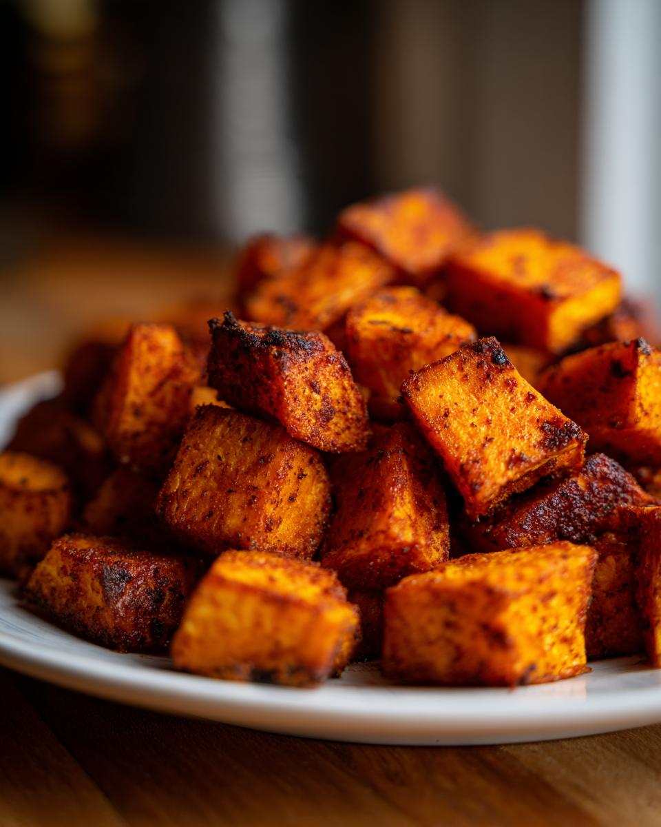 Close-up of perfectly seasoned and caramelized roasted sweet potato cubes piled on a white plate.