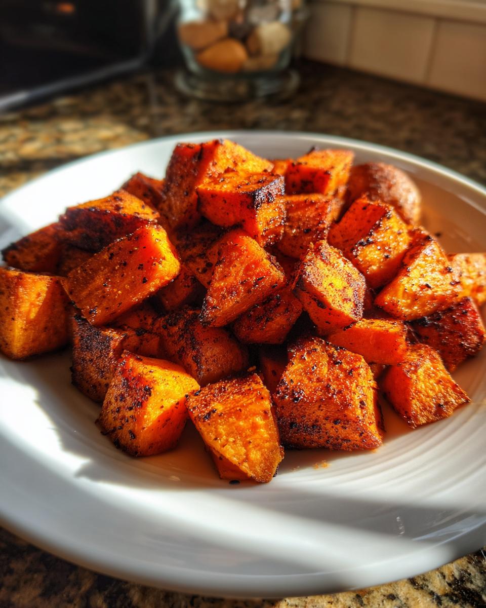 A white plate piled high with perfectly seasoned and caramelized roasted sweet potato cubes.