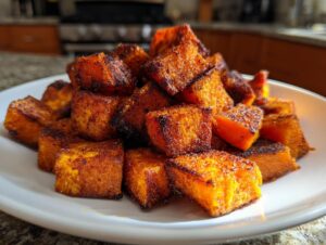 A mound of perfectly seasoned and caramelized roasted sweet potato cubes piled high on a white plate.