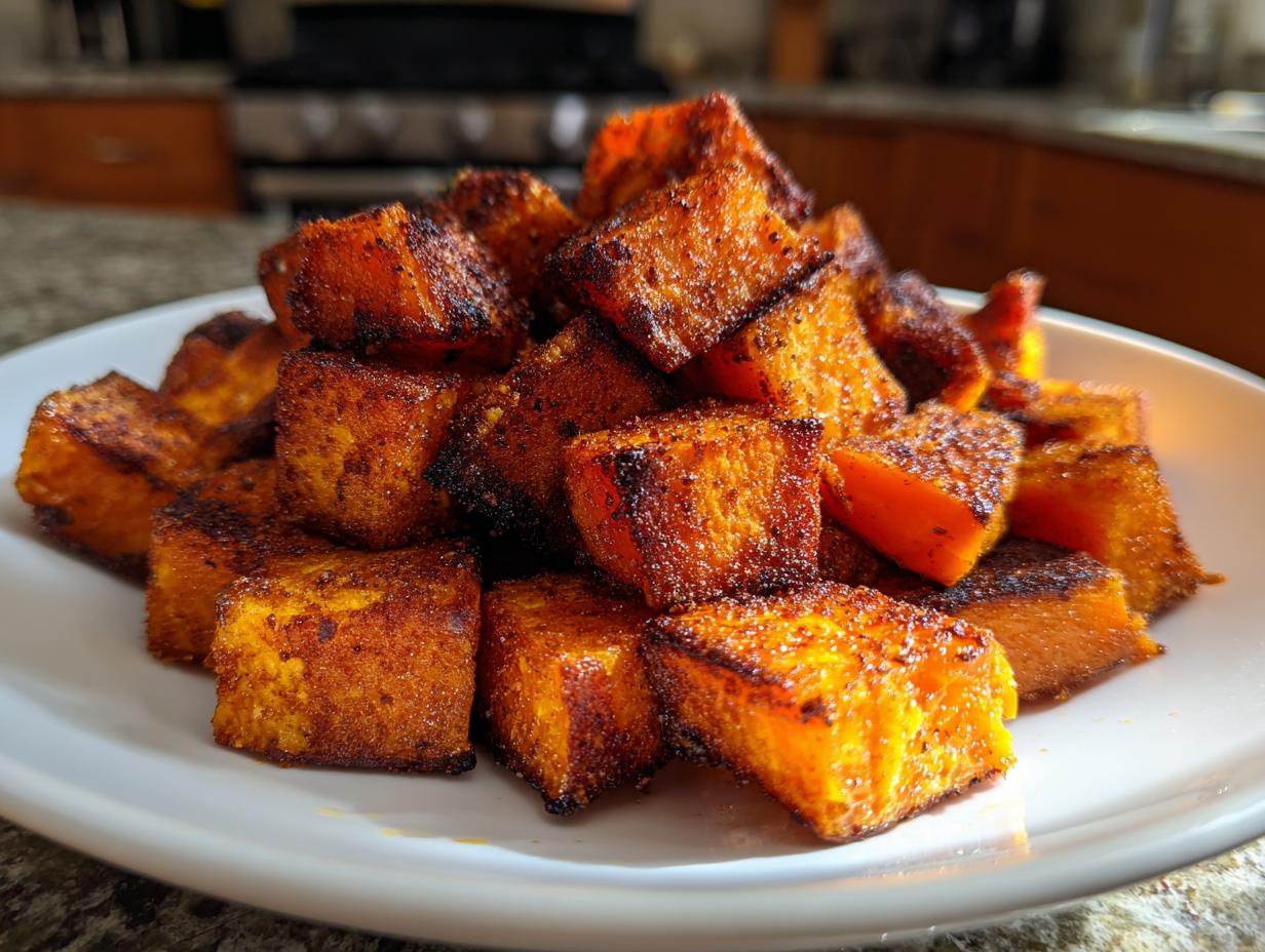A mound of perfectly seasoned and caramelized roasted sweet potato cubes piled high on a white plate.