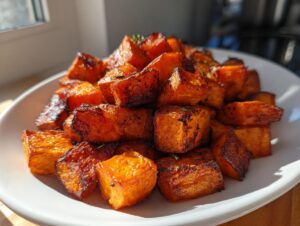 A close-up of perfectly caramelized roasted sweet potatoes cubes piled high on a white plate.