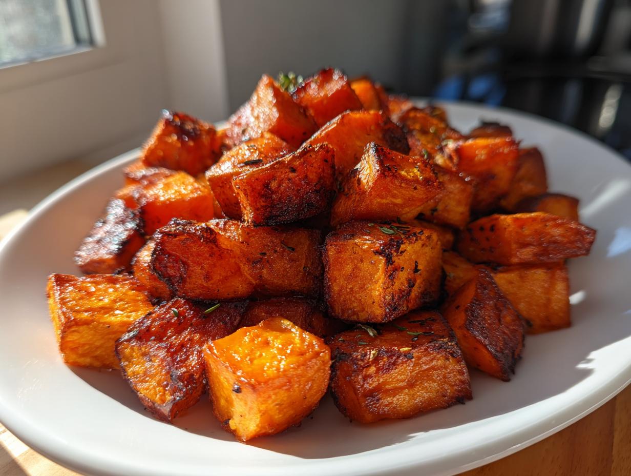 A close-up of perfectly caramelized roasted sweet potatoes cubes piled high on a white plate.