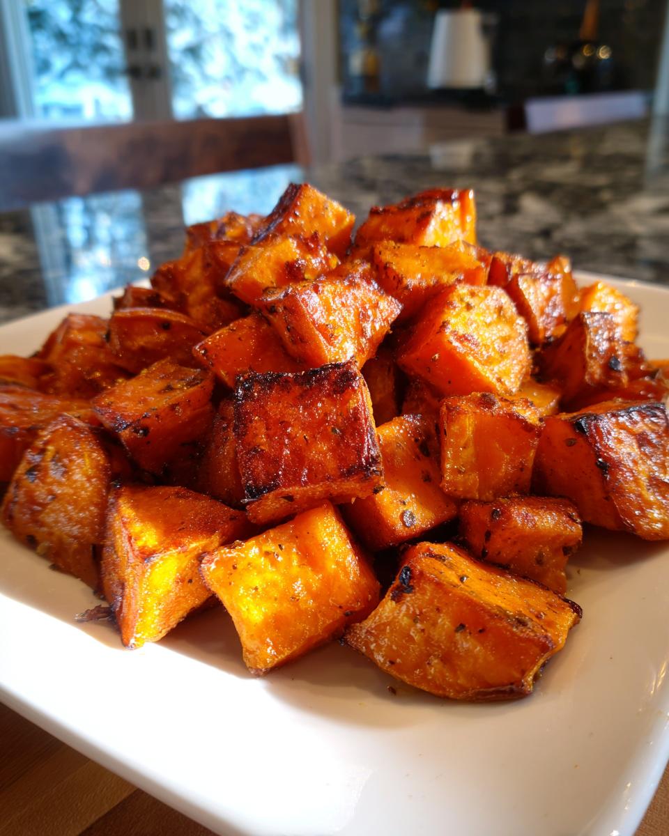 A pile of perfectly caramelized and seasoned roasted sweet potatoes cubes served on a white plate.