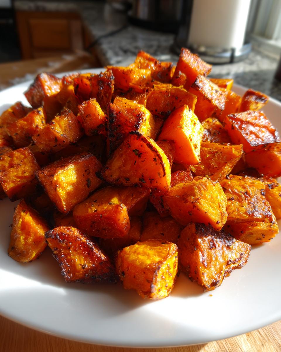 Close-up of a pile of perfectly caramelized and seasoned roasted sweet potatoes cubes on a white plate.