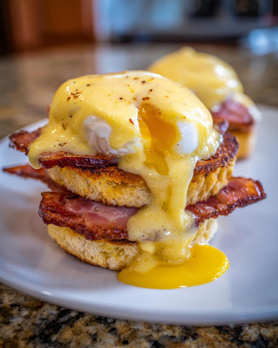 Close-up of stacked eggs benedict showing a poached egg with a runny yolk spilling over bacon and toasted English muffin.