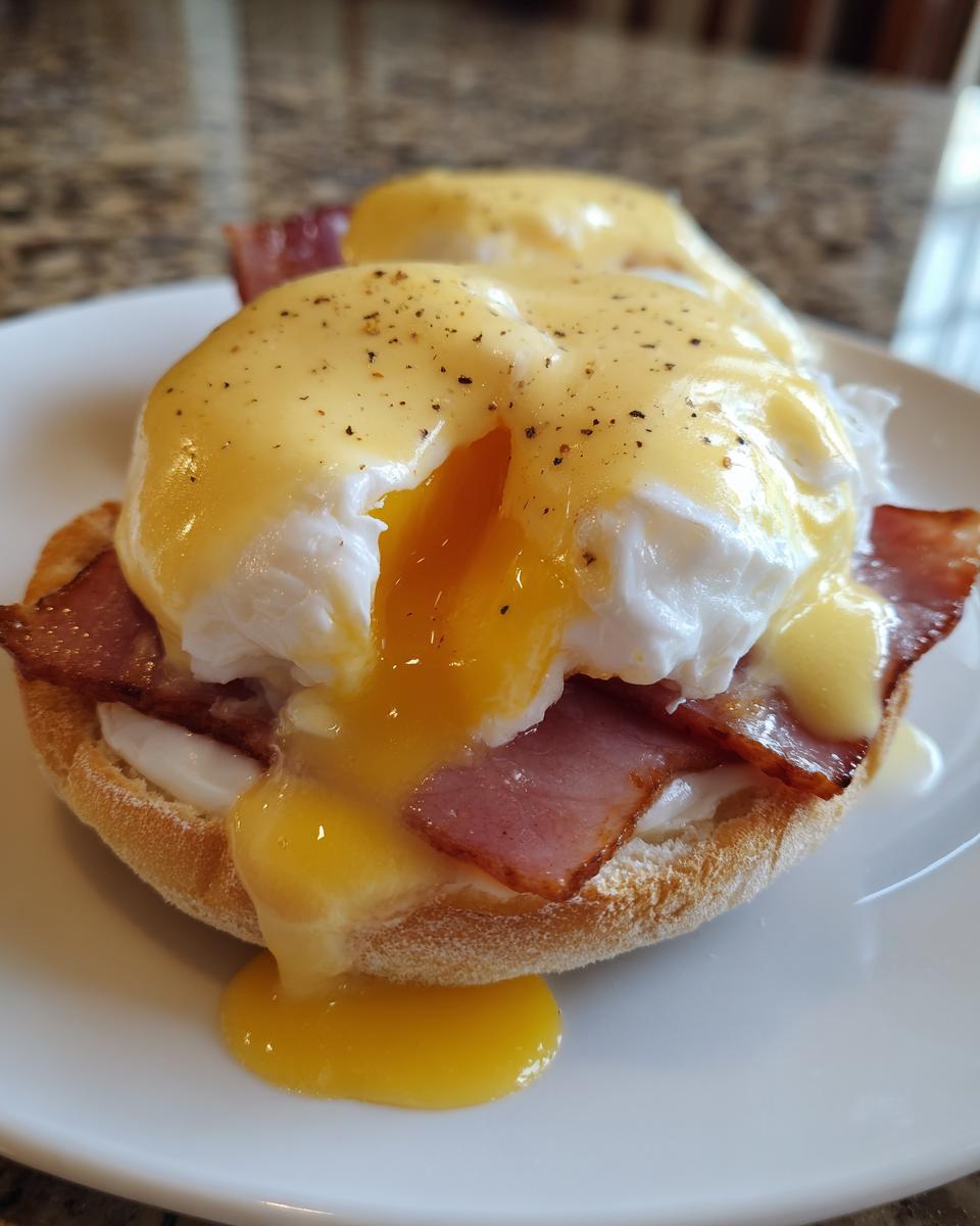 Close-up of a delicious eggs benedict with a runny yolk spilling out, covered in hollandaise sauce.