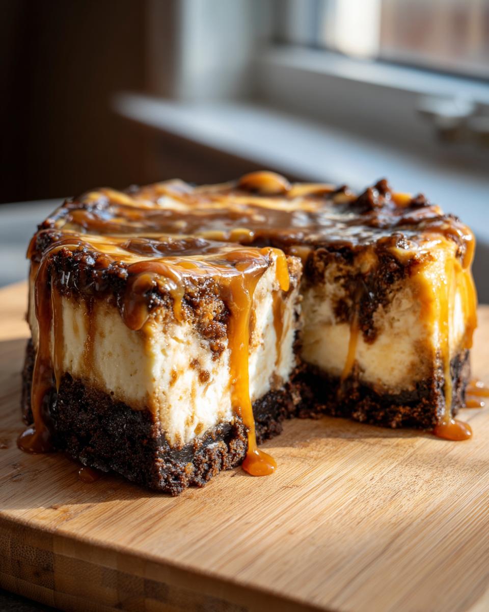 A rich, dark-crusted salted caramel cheesecake with a slice cut out, drizzled heavily with caramel sauce.
