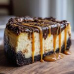 Close-up of a rich slice of salted caramel cheesecake with chocolate ganache and dripping caramel sauce.
