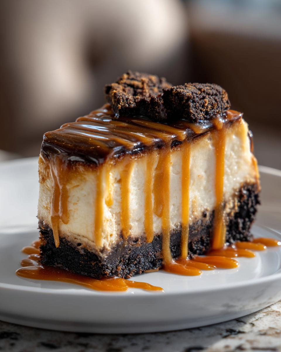 A decadent slice of salted caramel cheesecake with a dark crust, topped with rich caramel drizzle and chocolate crumbles.