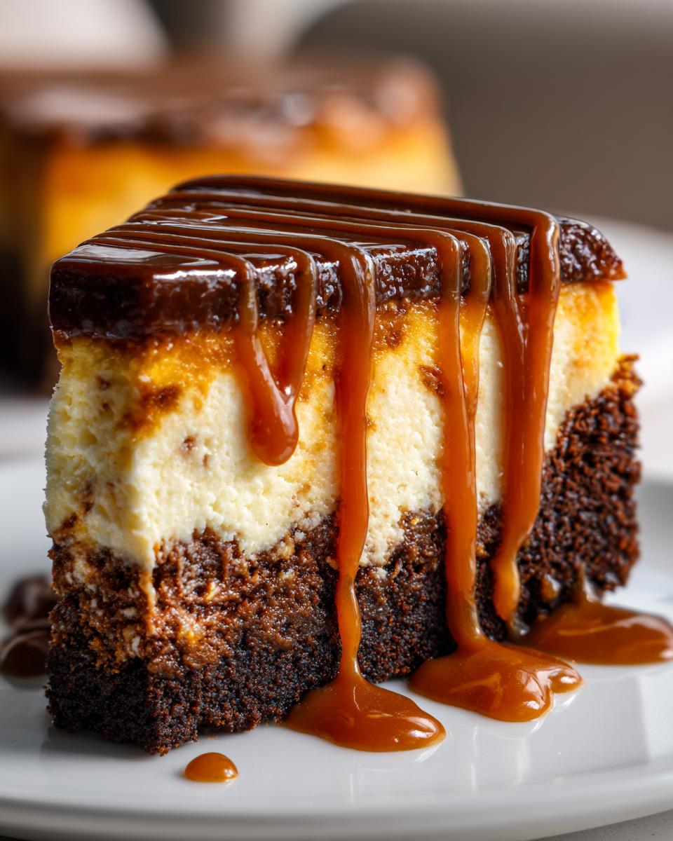 Close-up of a decadent slice of salted caramel cheesecake featuring a dark crust and rich caramel sauce dripping down the side.