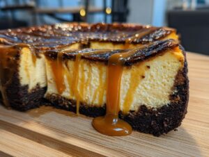 Close-up of a slice of rich salted caramel cheesecake with a dark crust, heavily drizzled with caramel sauce.