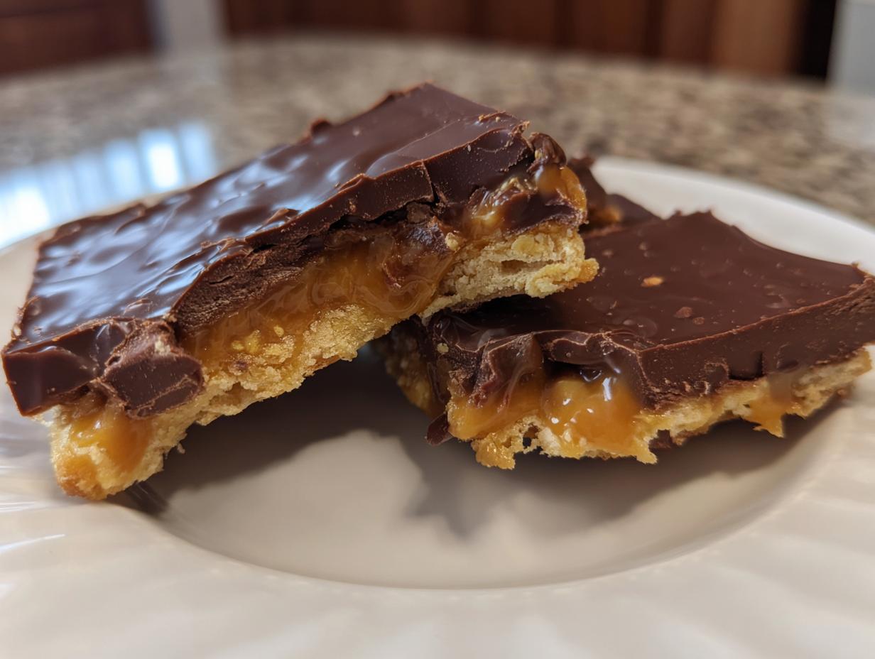 Two pieces of rich saltine cracker toffee showing layers of chocolate, gooey caramel, and a cracker base.
