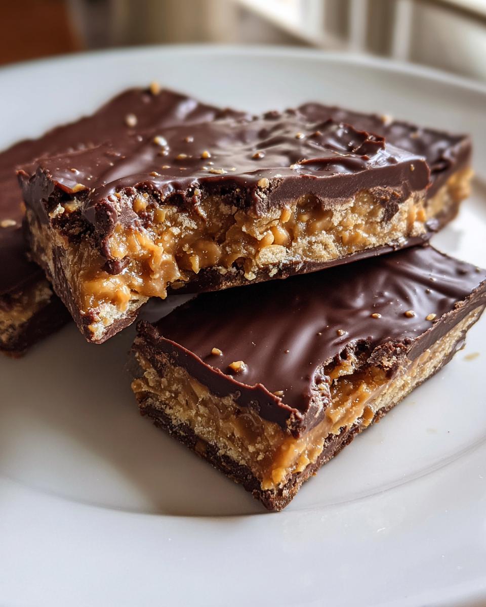 Cross-section view of rich saltine cracker toffee bars layered with caramel and topped with melted chocolate.