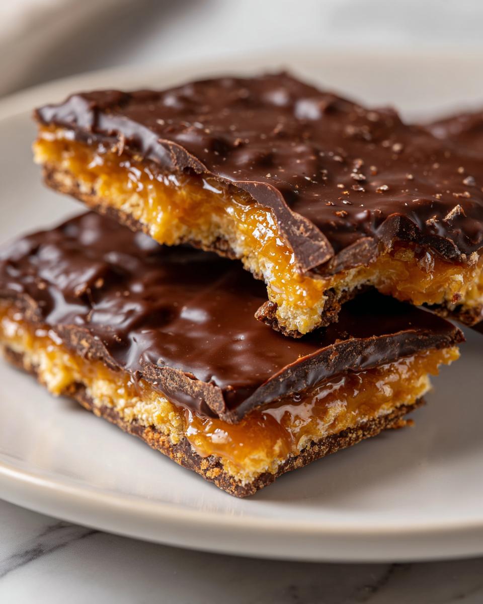Two stacked squares of rich saltine cracker toffee showing the crunchy base, gooey caramel, and thick chocolate topping.