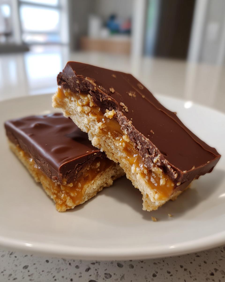 Two decadent bars of saltine cracker toffee showing the crunchy base, gooey caramel, and chocolate topping.