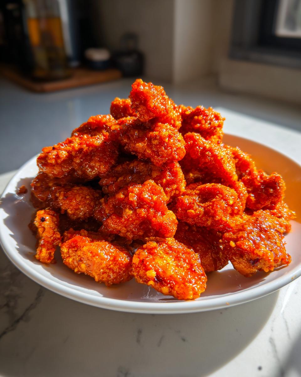 A close-up of a generous pile of crispy, bright red, saucy bang bang chicken pieces served on a white plate.