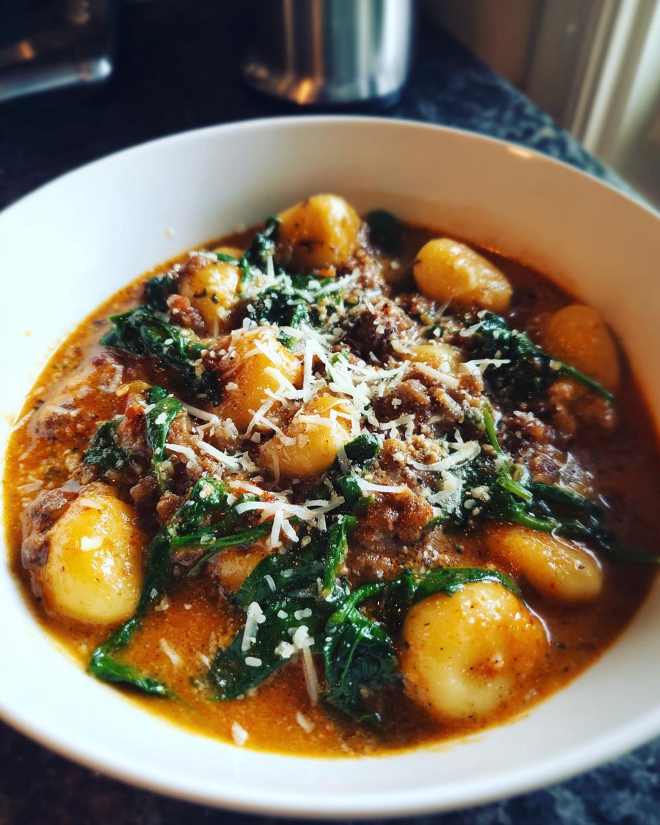 Close-up of a white bowl filled with rich, creamy sausage gnocchi soup, featuring plump gnocchi, crumbled sausage, wilted spinach, and grated Parmesan.
