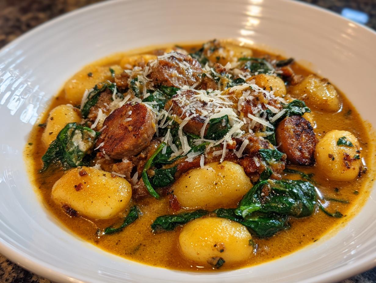 Close-up of a white bowl filled with rich sausage gnocchi soup, featuring plump gnocchi, sliced sausage, and wilted spinach, topped with grated Parmesan.