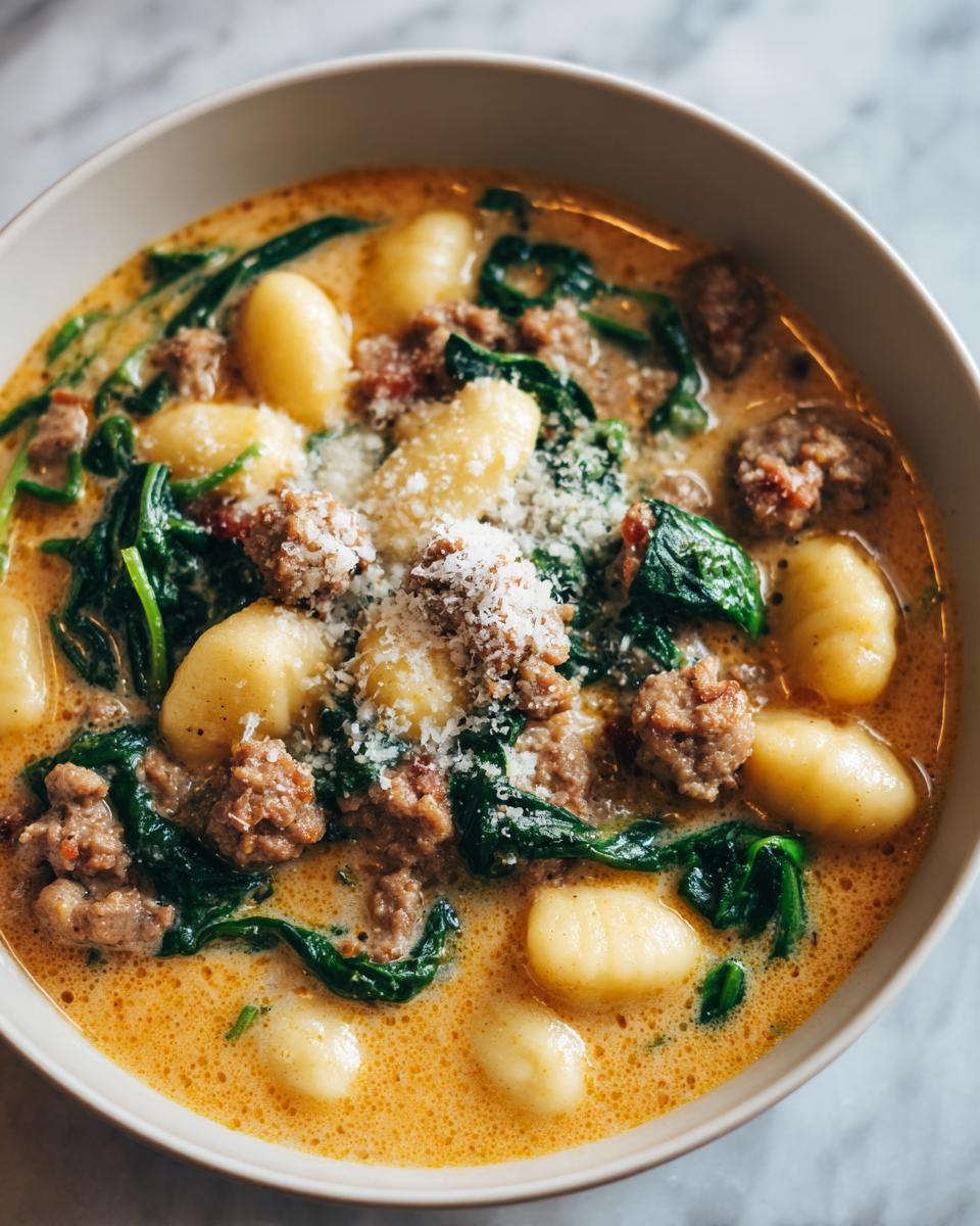 Close-up of a rich, creamy sausage gnocchi soup topped with wilted spinach and grated Parmesan cheese.