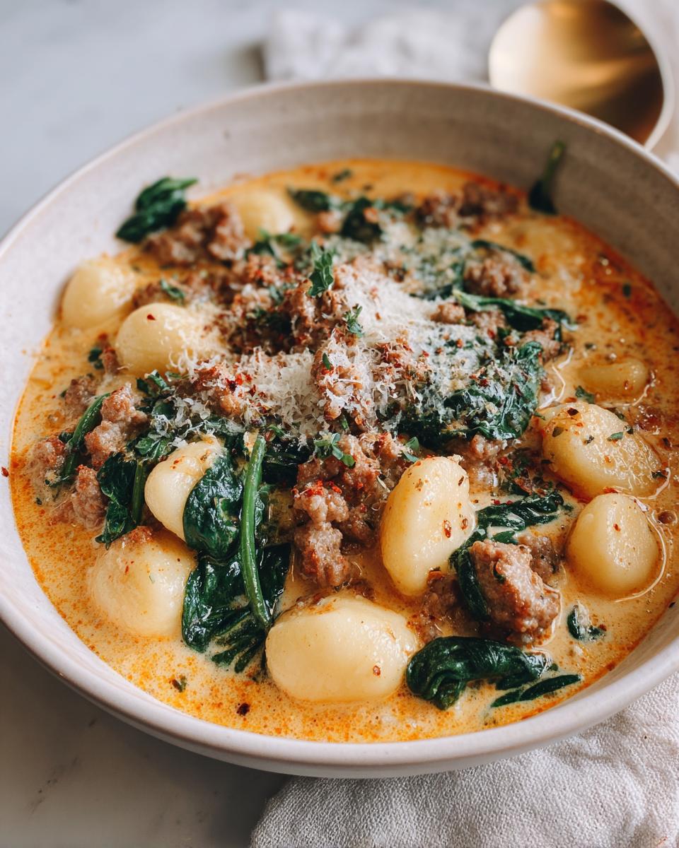 Close-up of a creamy bowl of sausage gnocchi soup, topped with ground sausage, spinach, and grated Parmesan cheese.