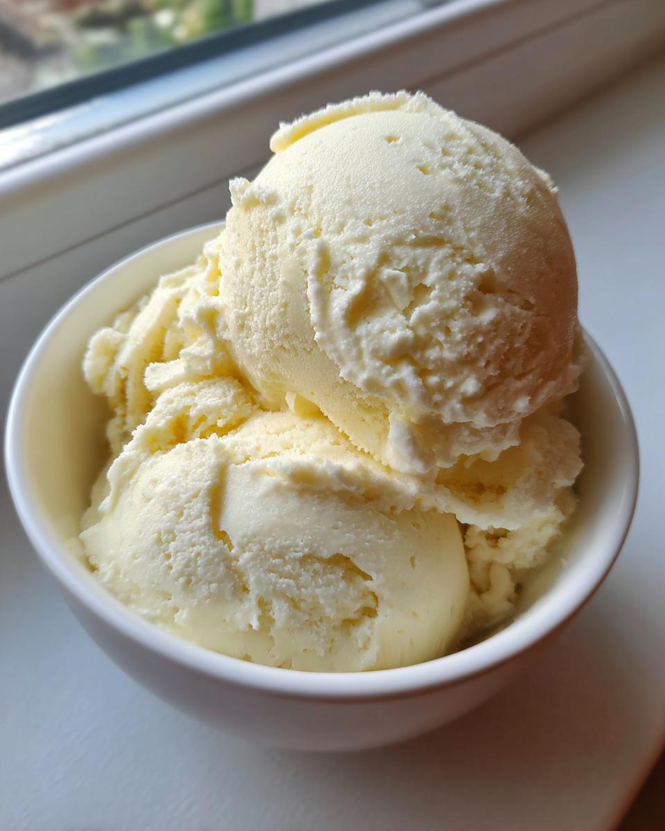Three scoops of creamy, pale yellow banana ice cream served in a white bowl near a window.