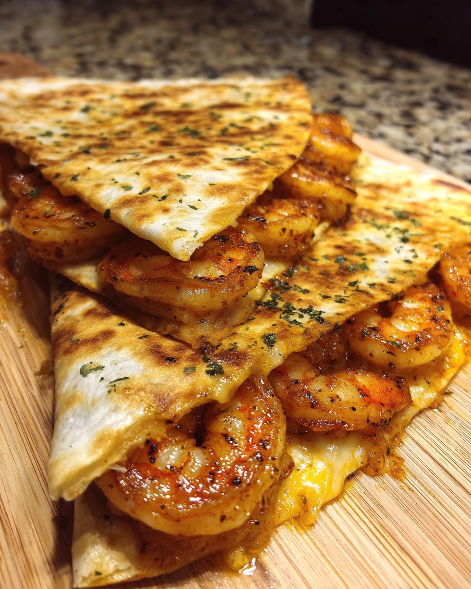 Close-up of cheesy, seasoned shrimp quesadilla wedges stacked on a wooden board, sprinkled with herbs.