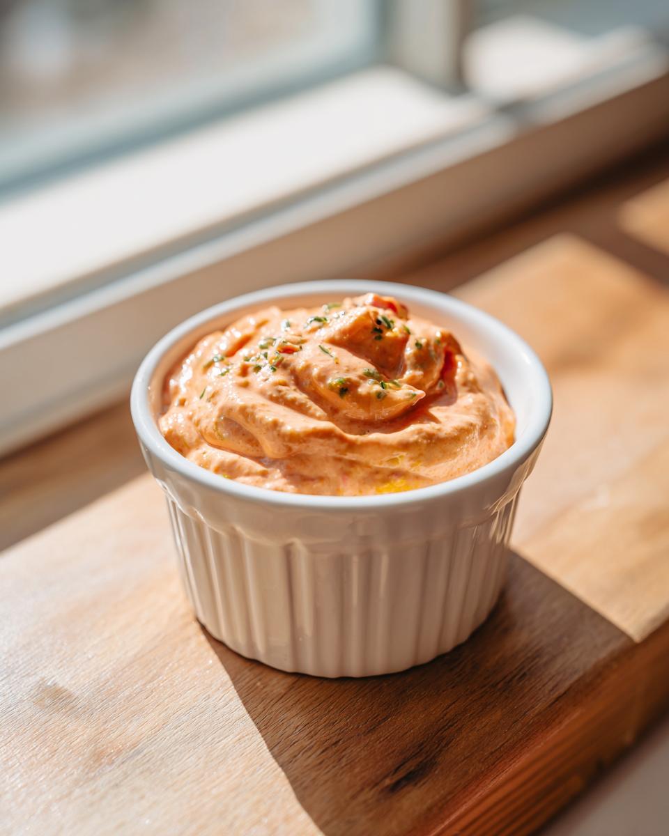 A small white ramekin filled with creamy, orange-pink burger sauce, garnished with herbs, sitting on a wooden board.
