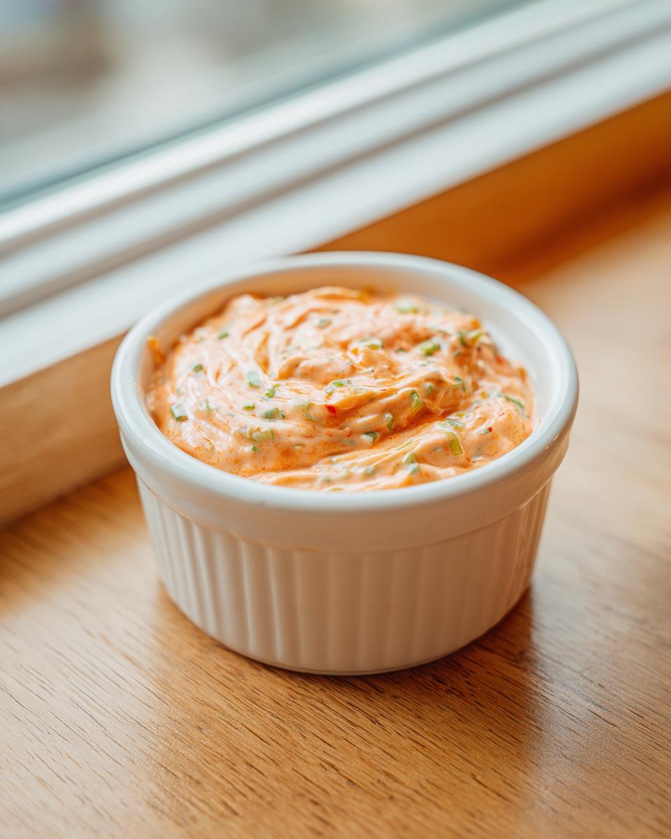 A small white ramekin filled with creamy, orange-hued secret burger sauce, garnished with green herbs.