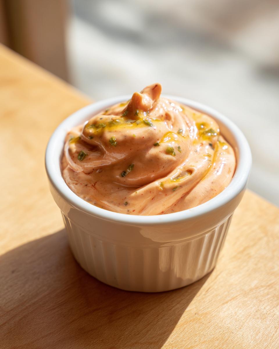 A creamy, orange-hued burger sauce topped with herbs and oil, served in a small white ramekin.