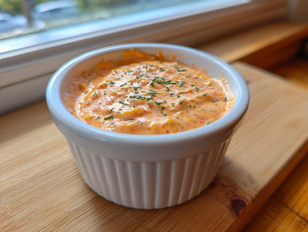 Close-up of creamy, orange-tinted secret burger sauce topped with chopped herbs in a white ramekin.