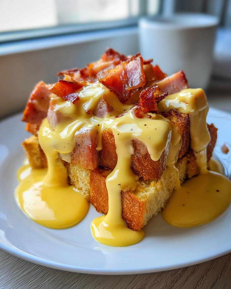 A serving of eggs benedict casserole cubes topped with ham, crispy bacon, and smothered in rich hollandaise sauce.