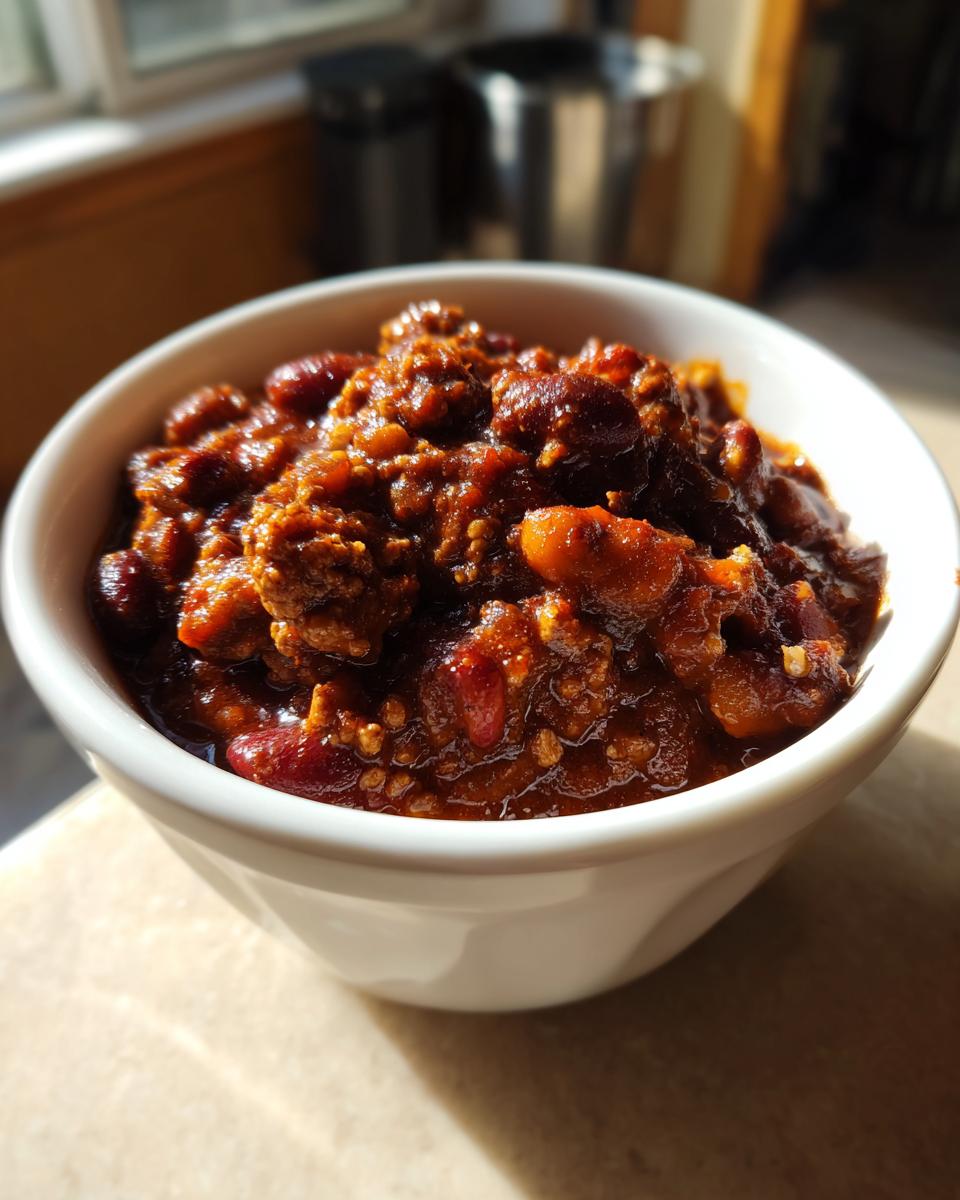 Close-up of a hearty serving of rich, dark red high protein chili in a white bowl.