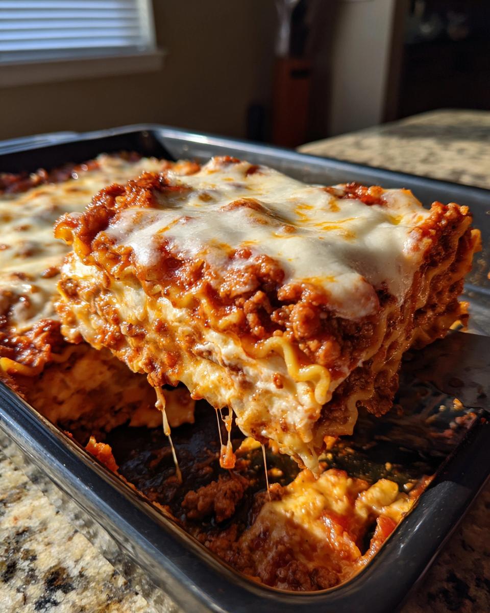 A square slice of cheesy, saucy lazy lasagna being lifted out of a baking dish.