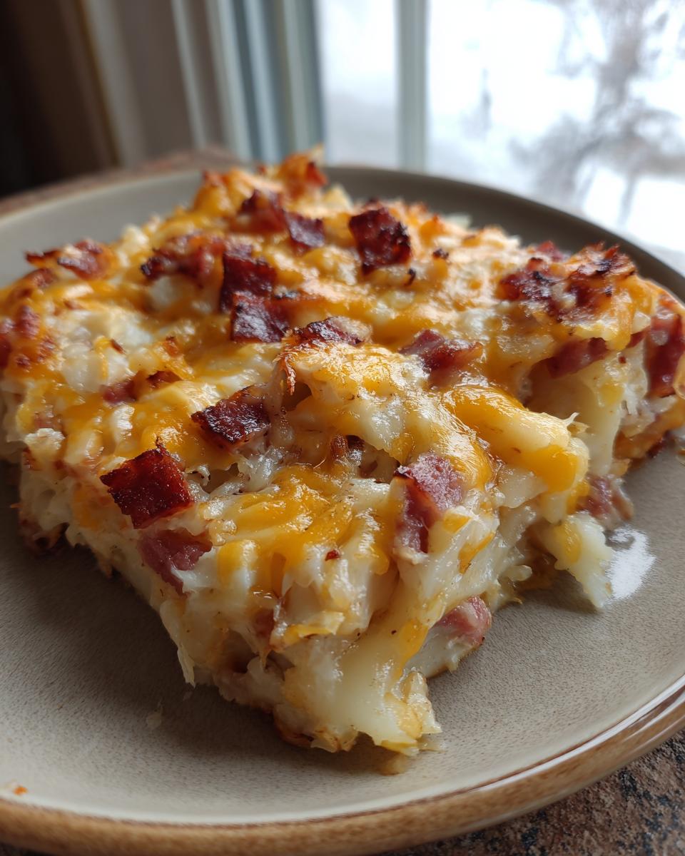 A close-up serving of pierogi casserole topped with melted cheddar cheese and crispy bacon pieces.