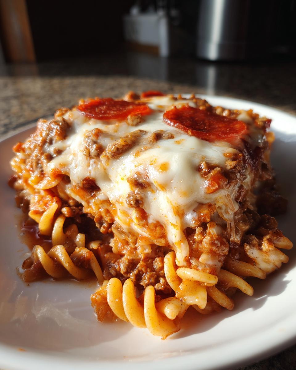 A close-up serving of pizza pasta bake featuring rotini pasta, meat sauce, melted cheese, and pepperoni slices.