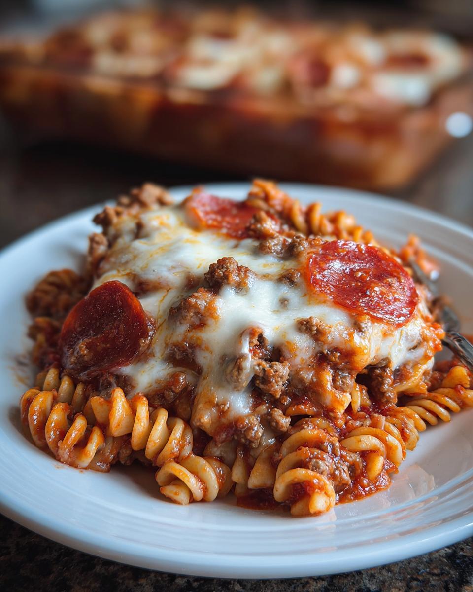 A close-up serving of pizza pasta bake featuring rotini pasta, meat sauce, melted mozzarella, and pepperoni slices.
