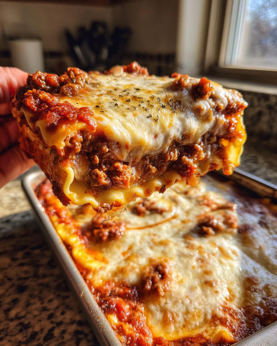 A hand lifts a cheesy, saucy slice of lazy lasagna out of the baking dish.