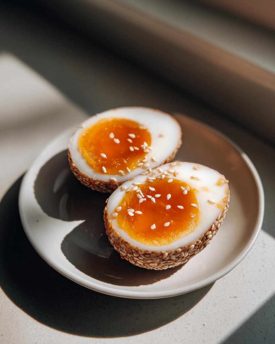 Two halves of sesame crusted marinated eggs with bright orange, jammy yolks, sprinkled with sesame seeds.