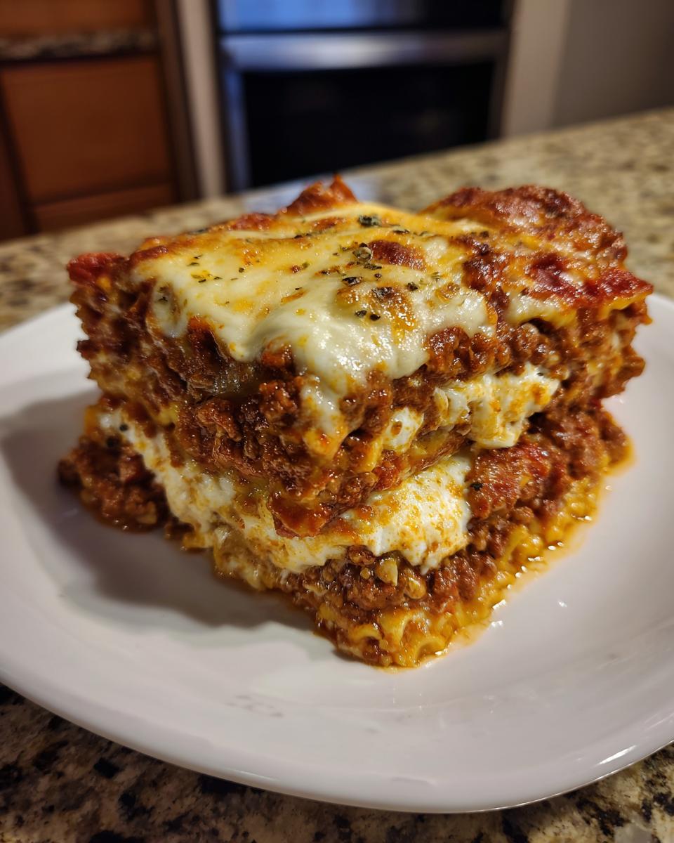 A thick, layered slice of sheet pan lasagna with rich meat sauce and bubbly melted mozzarella cheese on top.