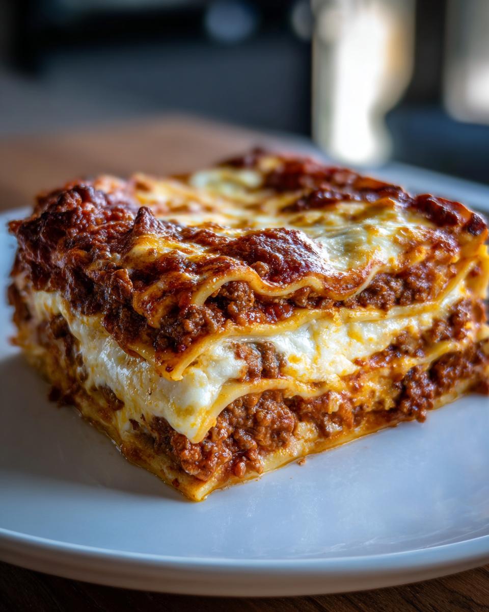 Close-up of a thick, layered slice of sheet pan lasagna with rich meat sauce and melted cheese.