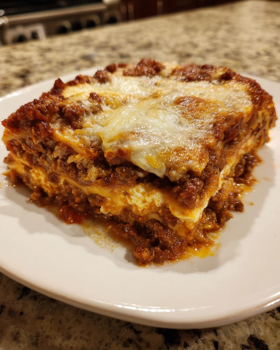 Close-up of a thick, layered slice of sheet pan lasagna topped with melted mozzarella cheese and rich meat sauce.