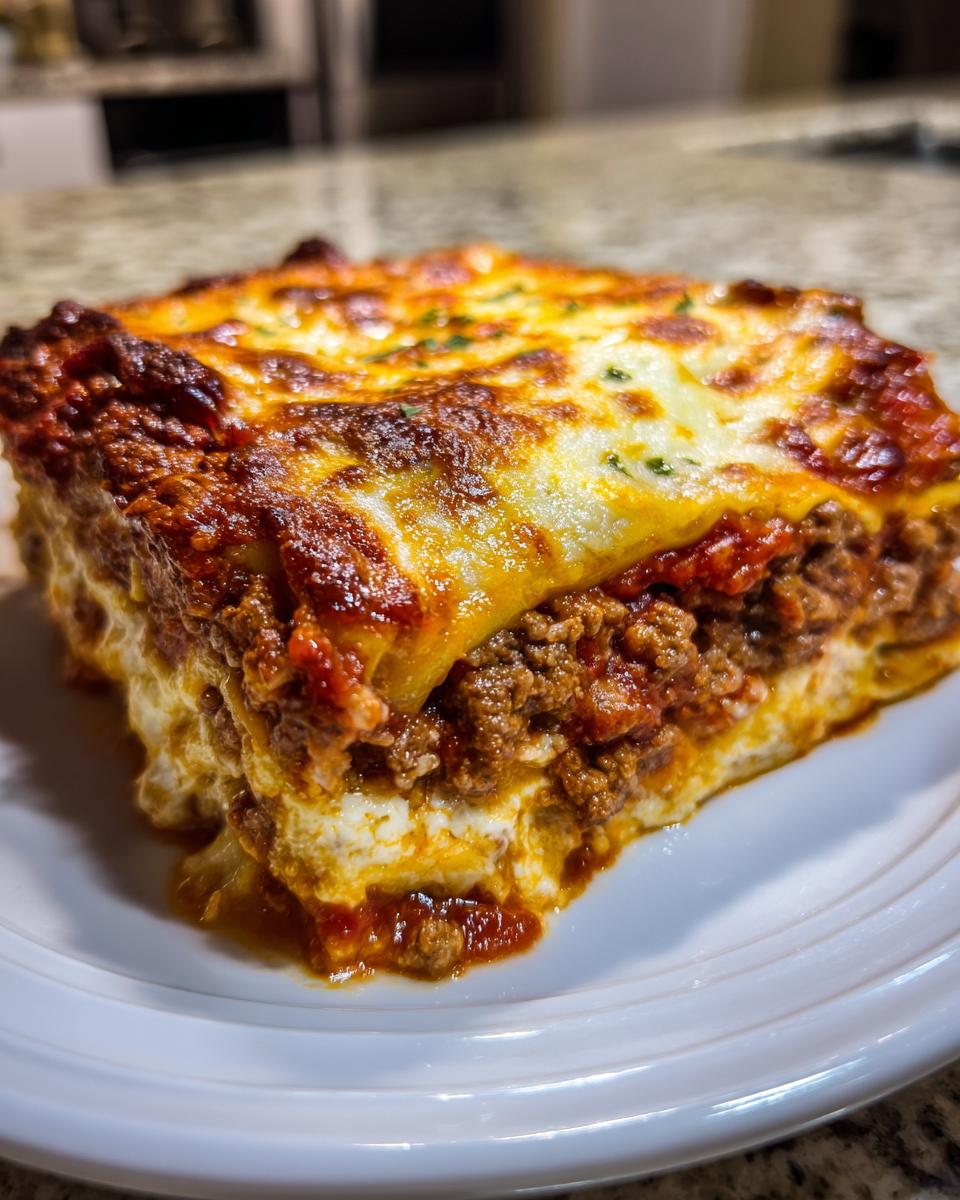 A thick, cheesy slice of sheet pan lasagna with rich meat sauce and melted mozzarella topping.