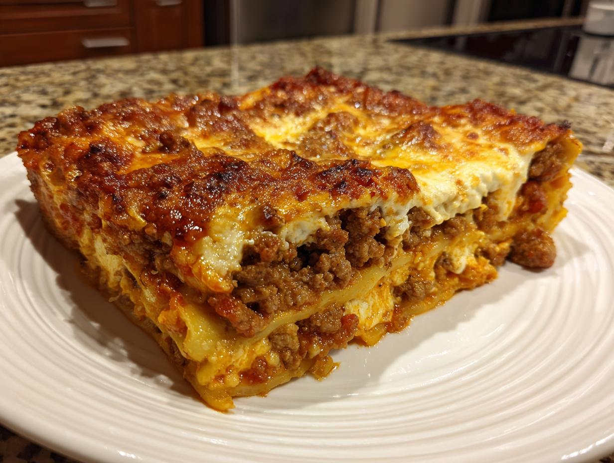 Close-up of a thick, cheesy slice of sheet pan lasagna featuring layers of pasta, rich meat sauce, and browned cheese topping.