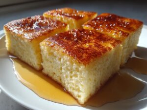 Four square slices of fluffy sheet pan pancakes, drizzled with syrup, served on a white plate.