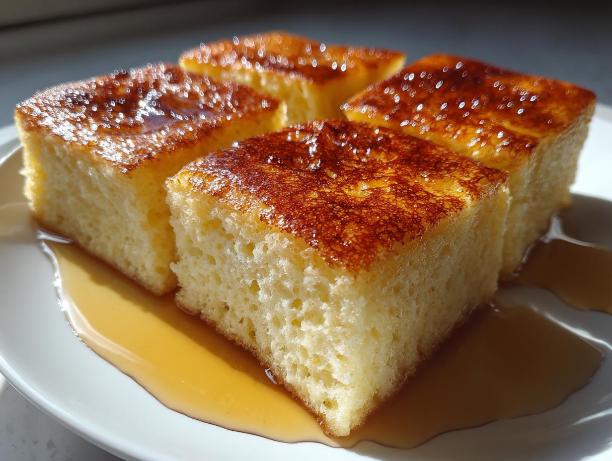 Four square slices of fluffy sheet pan pancakes, drizzled with syrup, served on a white plate.