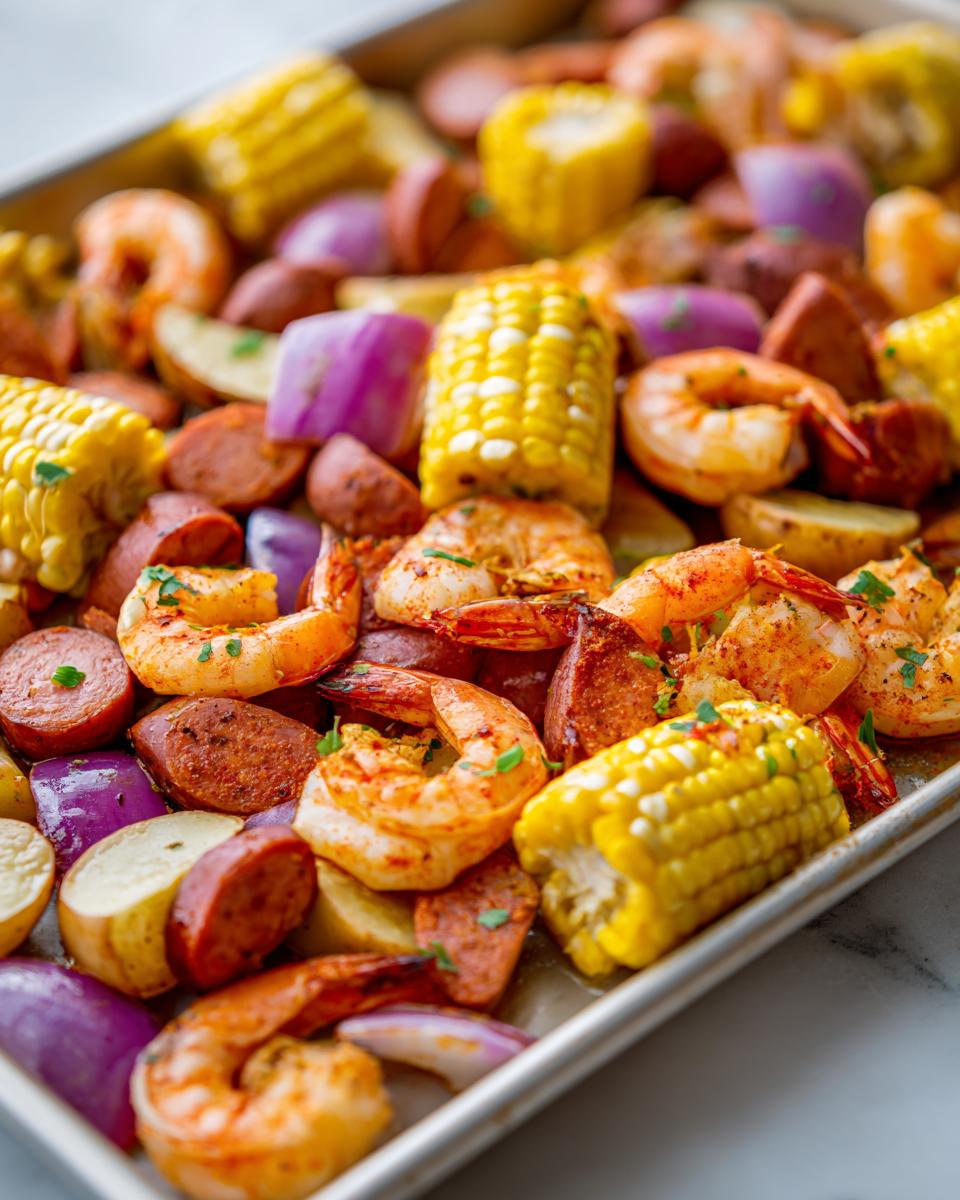 Close-up of a sheet pan filled with seasoned shrimp, corn on the cob pieces, sausage slices, and red onion for a shrimp boil.