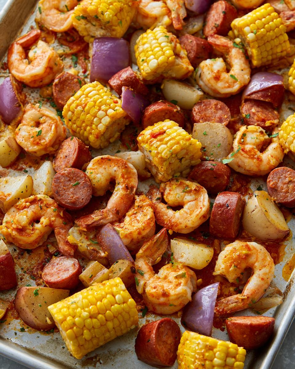 Overhead close-up of a sheet pan loaded with seasoned shrimp, corn on the cob pieces, sausage slices, and potatoes for a shrimp boil.